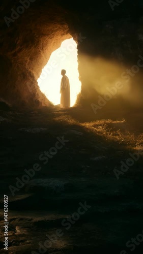Person standing at cave entrance bathed in sunlight, dramatic lighting, hope and spiritual themes, mystery, and nature backdrop.