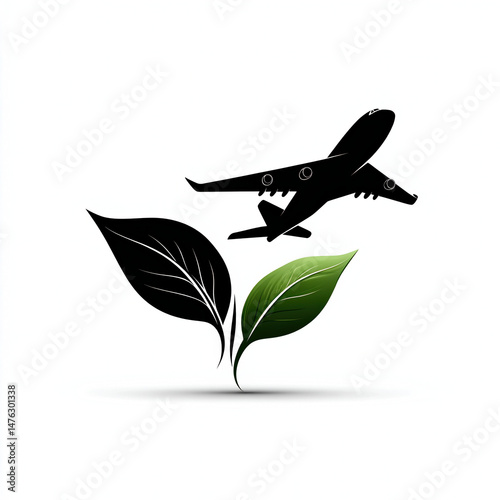 Simple flat black vector of a leaf combined with a plane silhouette, eco-friendly air travel logo, minimalist flat design on white background
