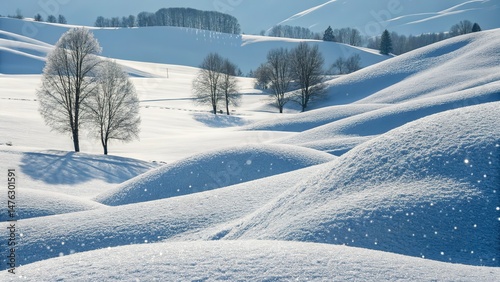 Rolling Snowy Hills with Bare Trees Under a Clear Blue Winter Sky
