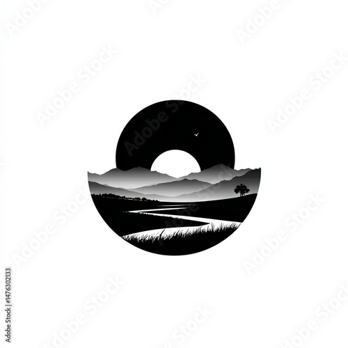 Bold black filled vector of a hiking trail winding through mountains with thin outline, minimalistic eco-travel logo on white background