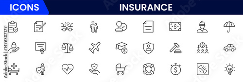 Insurance and assurance icon set. Containing healthcare medical, life, car, home, travel insurance icons.