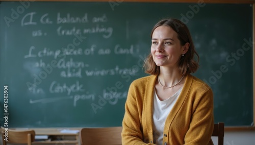 A teacher sits in a classroom, smiling and ready to explain material written on the chalkboard, creating an inviting learning atmosphere