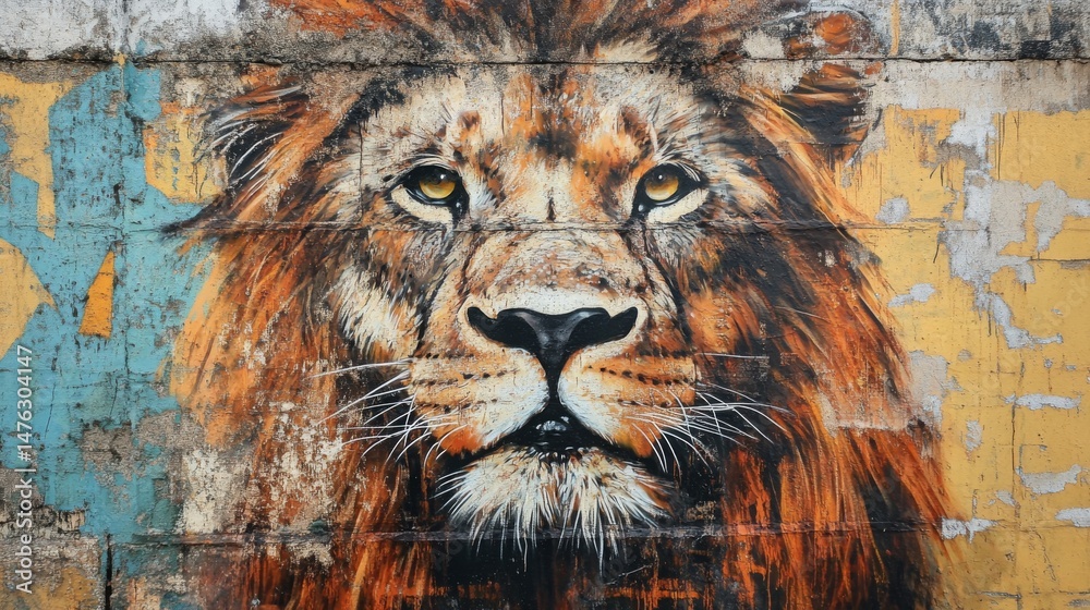 Obraz premium Vibrant lion mural on urban wall showcasing detailed art and bold colors in a lively city environment
