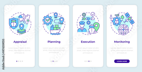 Stages of passage planning onboarding mobile app screen. Shipping. Walkthrough 4 steps editable graphic instructions with linear concepts. UI, UX, GUI. Montserrat SemiBold, Regular fonts used