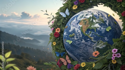 The Earth adorned in a wreath of life, a symbol of beauty and nature