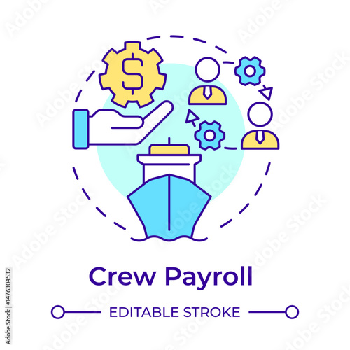 Crew payroll multi color concept icon. Accurate salary processing for seafarers. Maritime staff management. Round shape line illustration. Abstract idea. Graphic design. Easy to use in booklet