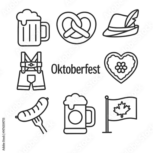 Oktoberfest-themed icons showcasing beer, pretzels, and traditions  