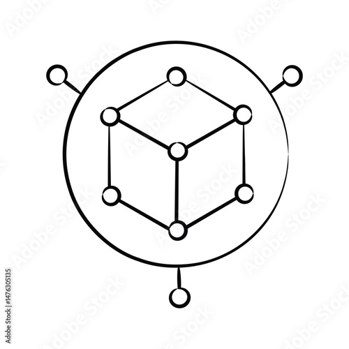 A hand drawn icon depicting 3d cube with nodes
