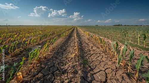 dry withered crop field with irrigation channels running A