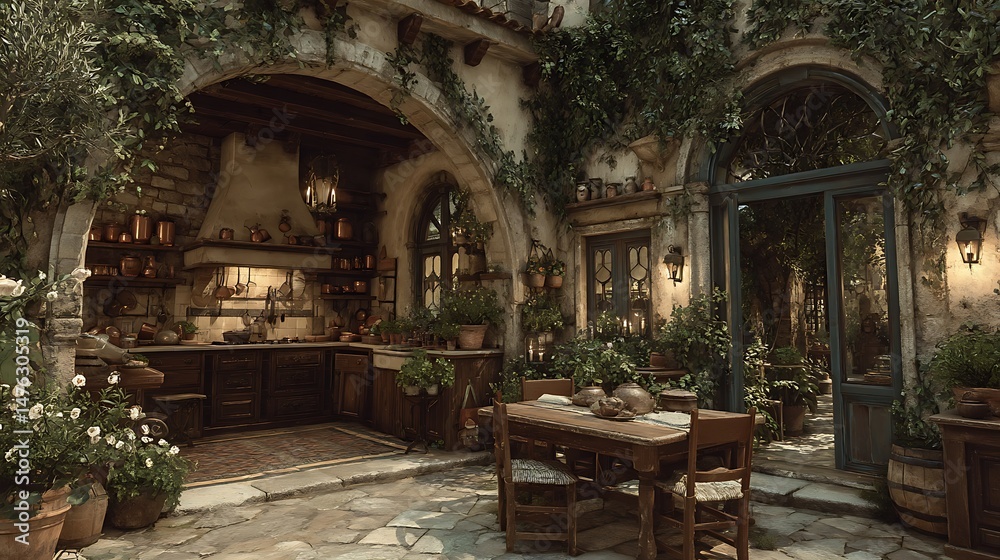 Naklejka premium Tuscan Courtyard Kitchen Rustic Charm with Italian Garden.