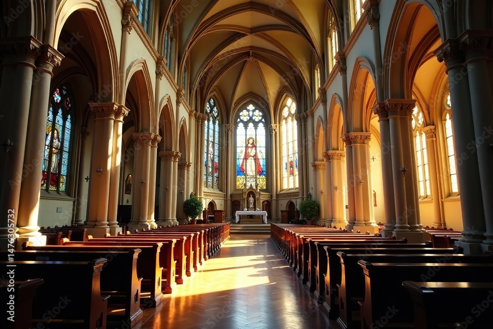 Fototapeta premium Ornate Easter church interior, sunlight streaming through stained glass windows , belief, ornate, vibrant