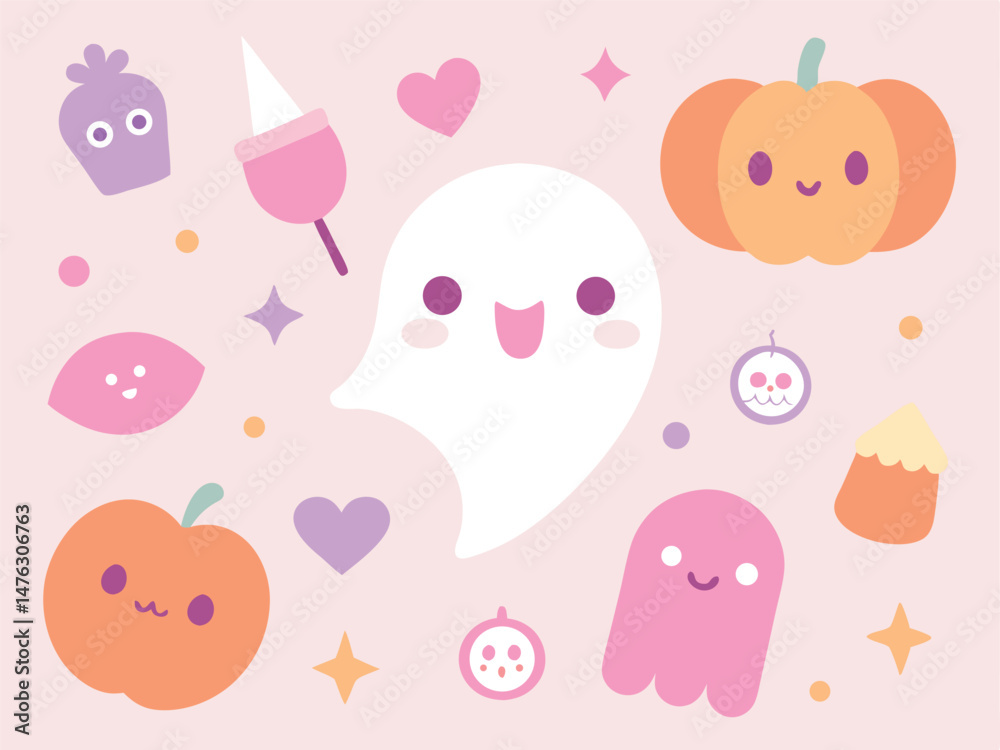 Adorable cartoon halloween characters and decorations on a soft pink background Adorable cartoon halloween characters and decorations on a soft pink background