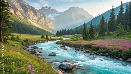 Turquoise River Flowing Through a Mountain Valley with Blooming Wildflowers