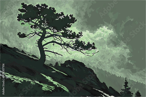32 dramatic, moody, atmospheric landscape, lone pine tree on rocky cliff, mist and fog swirling around, lush green foliage, dark clouds, moody lighting, cinematic, digital art, hyper-realistic