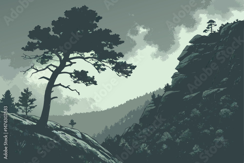 32 dramatic, moody, atmospheric landscape, lone pine tree on rocky cliff, mist and fog swirling around, lush green foliage, dark clouds, moody lighting, cinematic, digital art, hyper-realistic