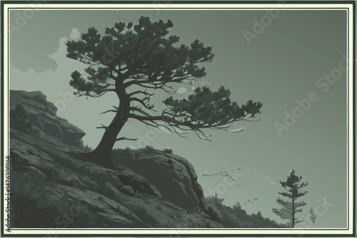 32 dramatic, moody, atmospheric landscape, lone pine tree on rocky cliff, mist and fog swirling around, lush green foliage, dark clouds, moody lighting, cinematic, digital art, hyper-realistic