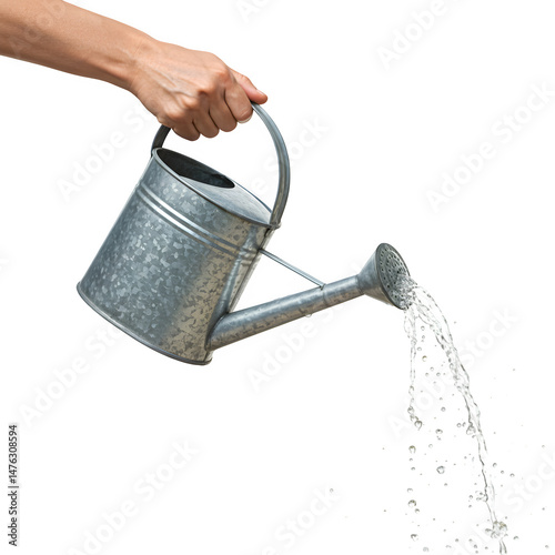 Hand holding and pouring sparkling clear water from a classic galvanized metal watering can, essential for healthy plants. isolated on white or transparent background. PNG
