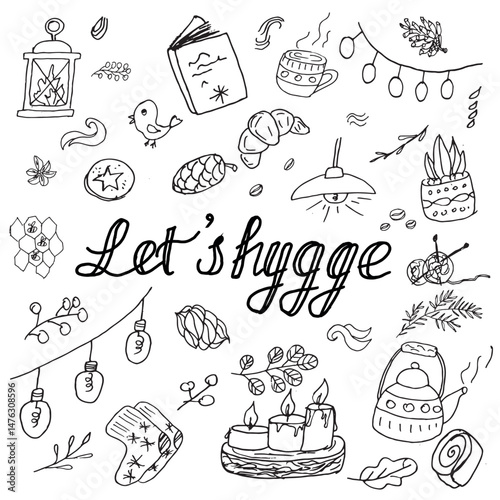 hand-drawn vector doodle set cozy Scandinavian lifestyle of hygge. illustrations of candles, tea, books, fairy lights, knitted socks, croissants, plants, and other warm and homey elements.