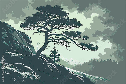 32 dramatic, moody, atmospheric landscape, lone pine tree on rocky cliff, mist and fog swirling around, lush green foliage, dark clouds, moody lighting, cinematic, digital art, hyper-realistic