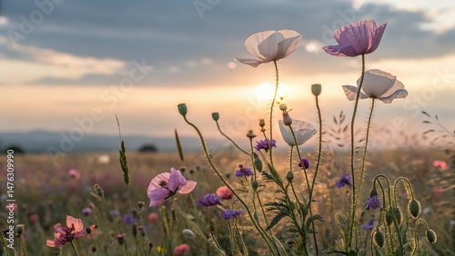 Poppy field at sunset bathed in soft light creating a magical ambiance