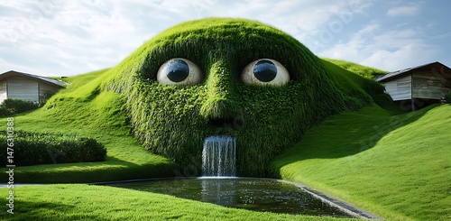 A giant green hill with a face and a waterfall in the center made of grasses is situated inside an ancient hut-shaped building The figure has two eyes on its head and is located 