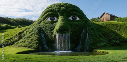 A giant green hill with a face and a waterfall in the center made of grasses is situated inside 