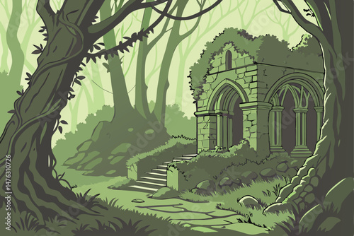 33 mystical lush green overgrown ruins, dense forest, cascading vines, dense foliage, magical atmosphere, cinematic lighting, detailed, photorealistic