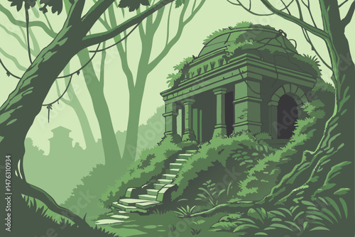 33 mystical lush green overgrown ruins, dense forest, cascading vines, dense foliage, magical atmosphere, cinematic lighting, detailed, photorealistic