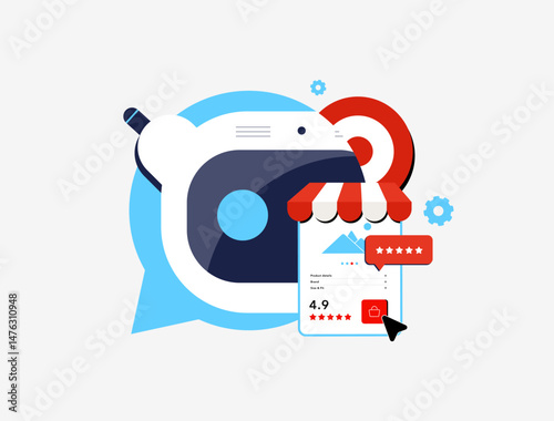 E-commerce AI personalization - vector illustration of personalized product recommendations, AI-driven shopping experience, and e-commerce customer behavior analytics for online retail platforms