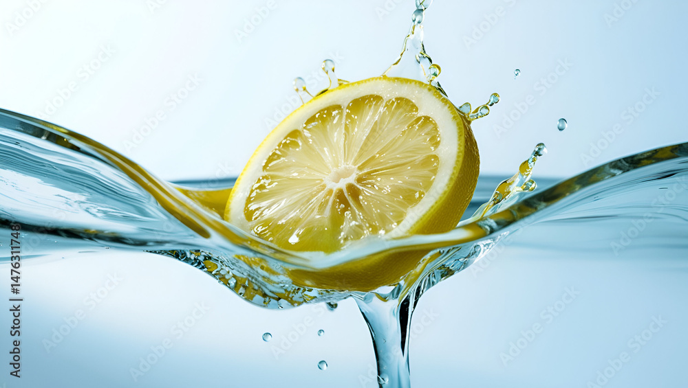 Juicy yellow lemon slice in a dramatic splash, with water droplets radiating in all directions