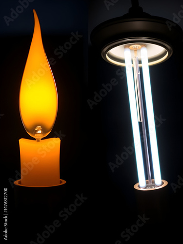 Progress of lighting with candle, tungsten, fluorescent and LED