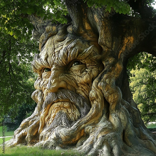 A large tree with multiple branches and roots shaped like an old man's face The trunk is thickly knotted