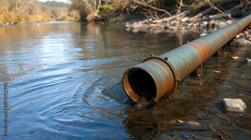 An iron pipe sticks out of the river and pollutes the water, environmental pollution concept, environmental disaster