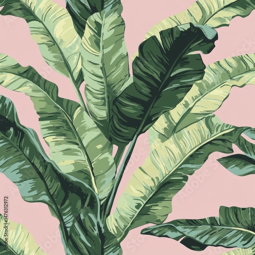 Tropical banana leaf pattern on a pale pink background