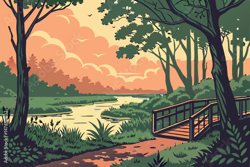 34 mystical forest pathway,lush green foliage,tranquil pond,wooden deck overlooking scenic vista,dramatic sunset sky,photorealistic,8k detailed