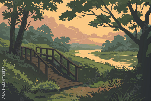 34 mystical forest pathway,lush green foliage,tranquil pond,wooden deck overlooking scenic vista,dramatic sunset sky,photorealistic,8k detailed