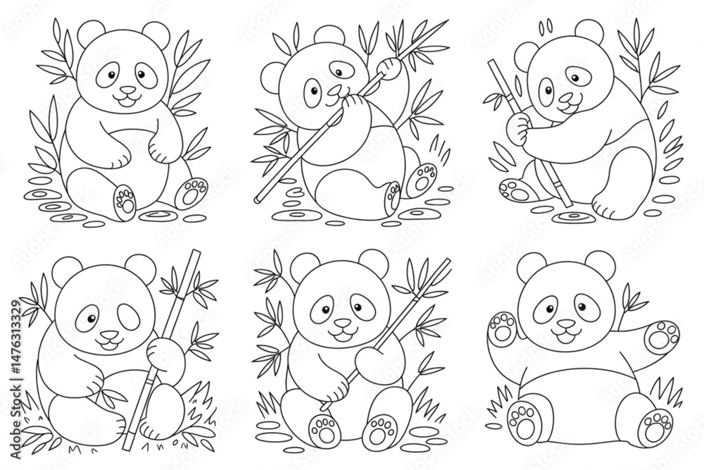 Set of Adorable Panda Outlines with Bamboo Shoots for Coloring Books and Children's Illustrations. Set of Adorable Panda Outlines with Bamboo Shoots for Coloring Books and Children's Illustrations.