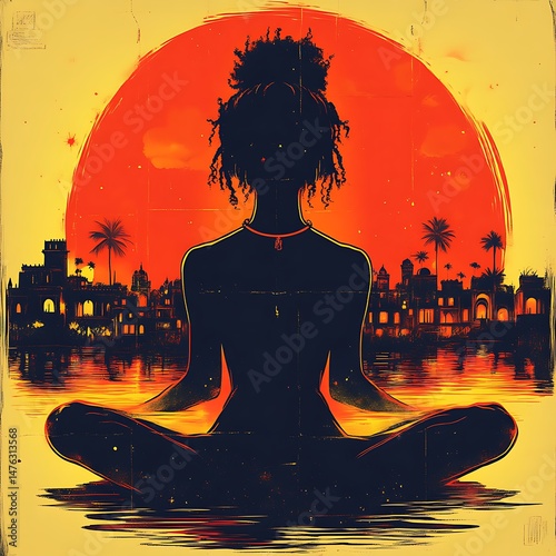 A woman meditates in a lotus position against a sunset skyline
