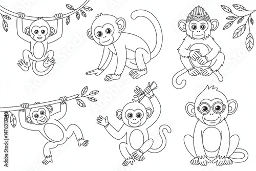 Cute Monkeys Cartoon Outlines Set Isolated on White Background for Children Coloring Pages or Books.