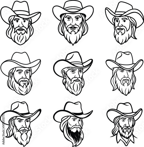 Bearded Cowboy Faces Vector Set. Western Hat Man Line Art Icons Collection