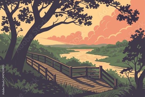 34 mystical forest pathway,lush green foliage,tranquil pond,wooden deck overlooking scenic vista,dramatic sunset sky,photorealistic,8k detailed