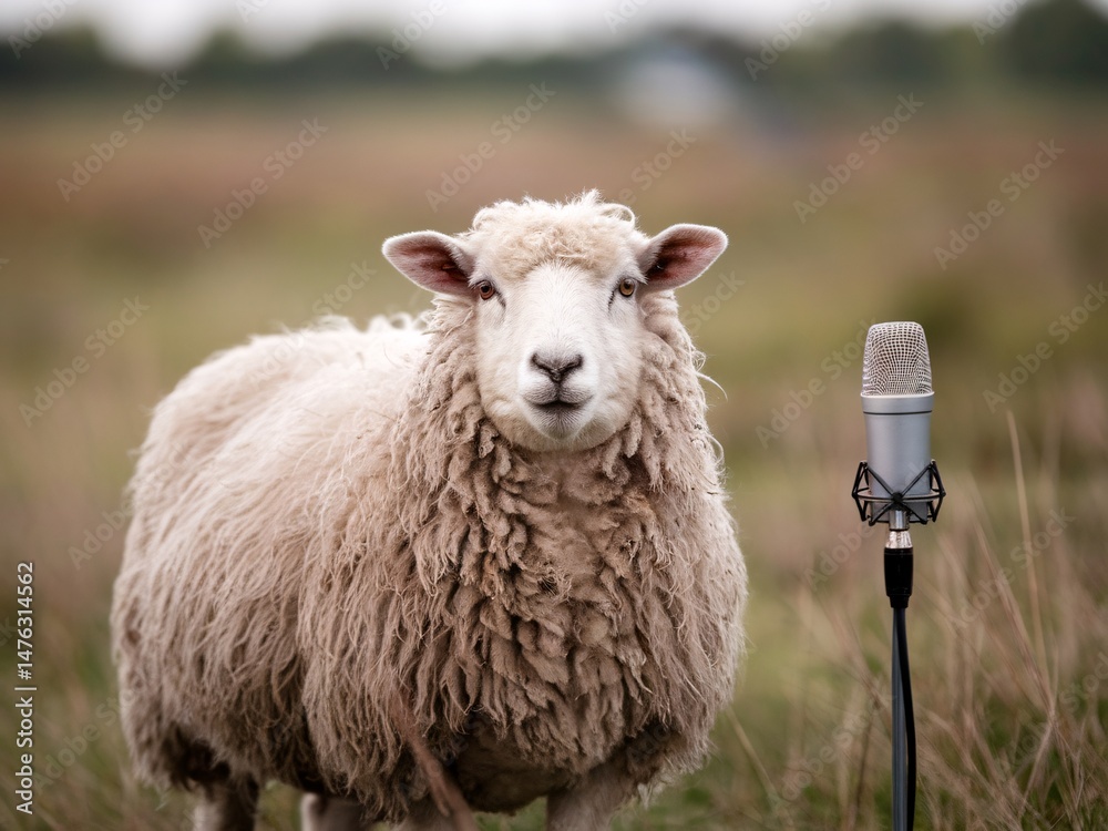 Fototapeta premium Fluffy sheep standing next to a microphone in a rustic pastoral setting, looking curiously at the viewer.