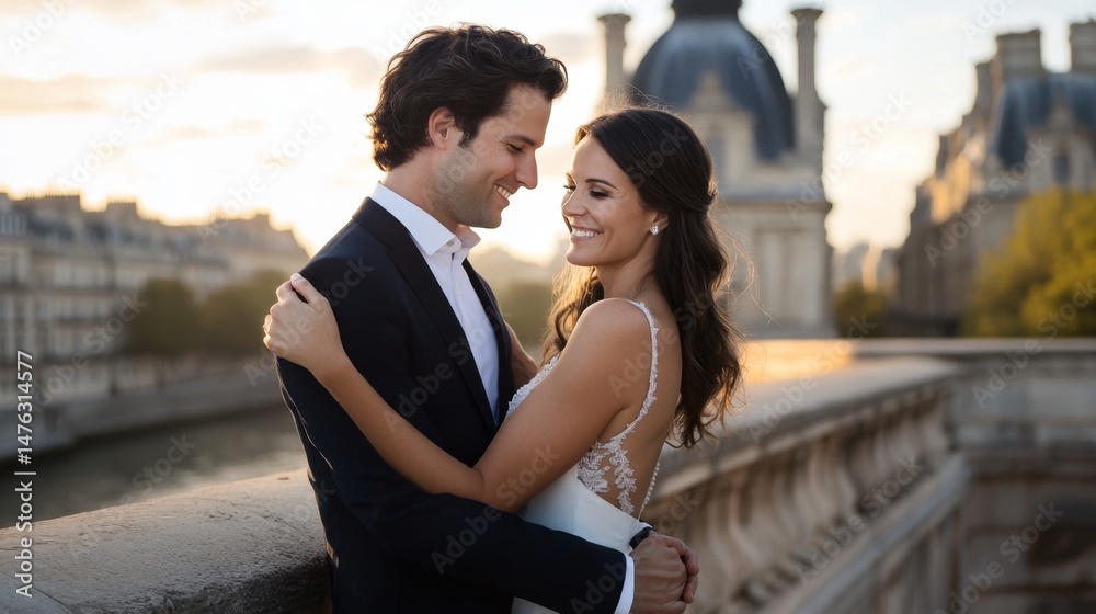 Naklejka premium Parisian Love: A Romantic Wedding Couple