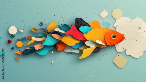 A misshapen fish navigating through an ocean of sharp triangles and lines, leaving behind a trail of swirling geometric patterns.