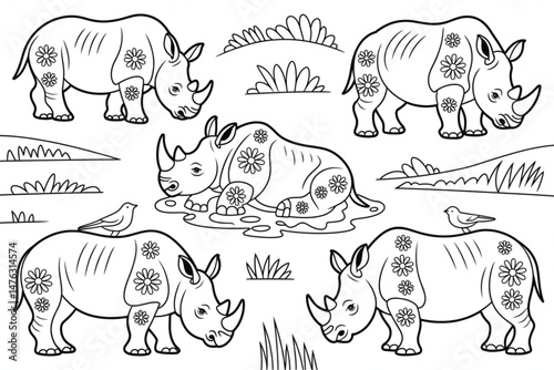 Rhinoceros Outline Drawing for Coloring Book Pages with Flora Decorations and Birds on Some