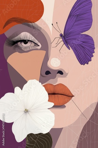 Geometric lines and shapes forming a vibrant abstract portrayal of a woman's face, flower, and butterfly, all in beige and lilac shades.