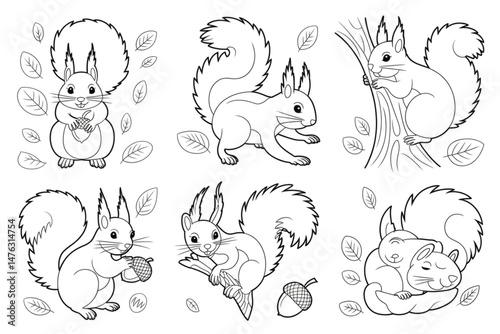 Cartoon Squirrels Line Art Collection with Acorns and Leaves for Coloring Page, Autumn Forest Illustration.
