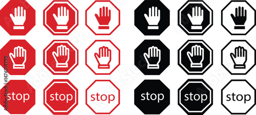 Stop signs with hand flat and outline icons set. No entry and trespassing symbols. Attention, warning, danger and safety concepts. Road sign vectors illustration isolated on transparent background.