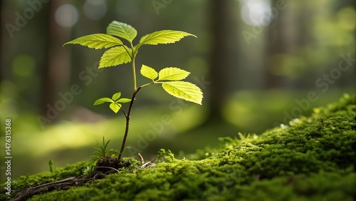 Young sapling emerging from mossy ground in sun dappled forest environment