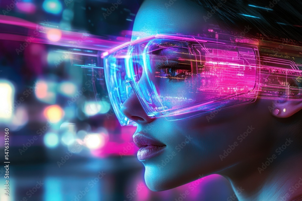 custom made wallpaper toronto digitalFuturistic woman wearing augmented reality glasses in vibrant city lights.